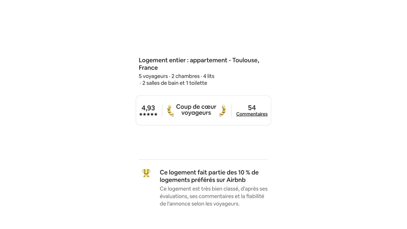 Capture de résultats Airbnb avec 85 pour cent de taux d'occupation moyen, note 4,9 étoiles et plus de 50 000 nuitées louées