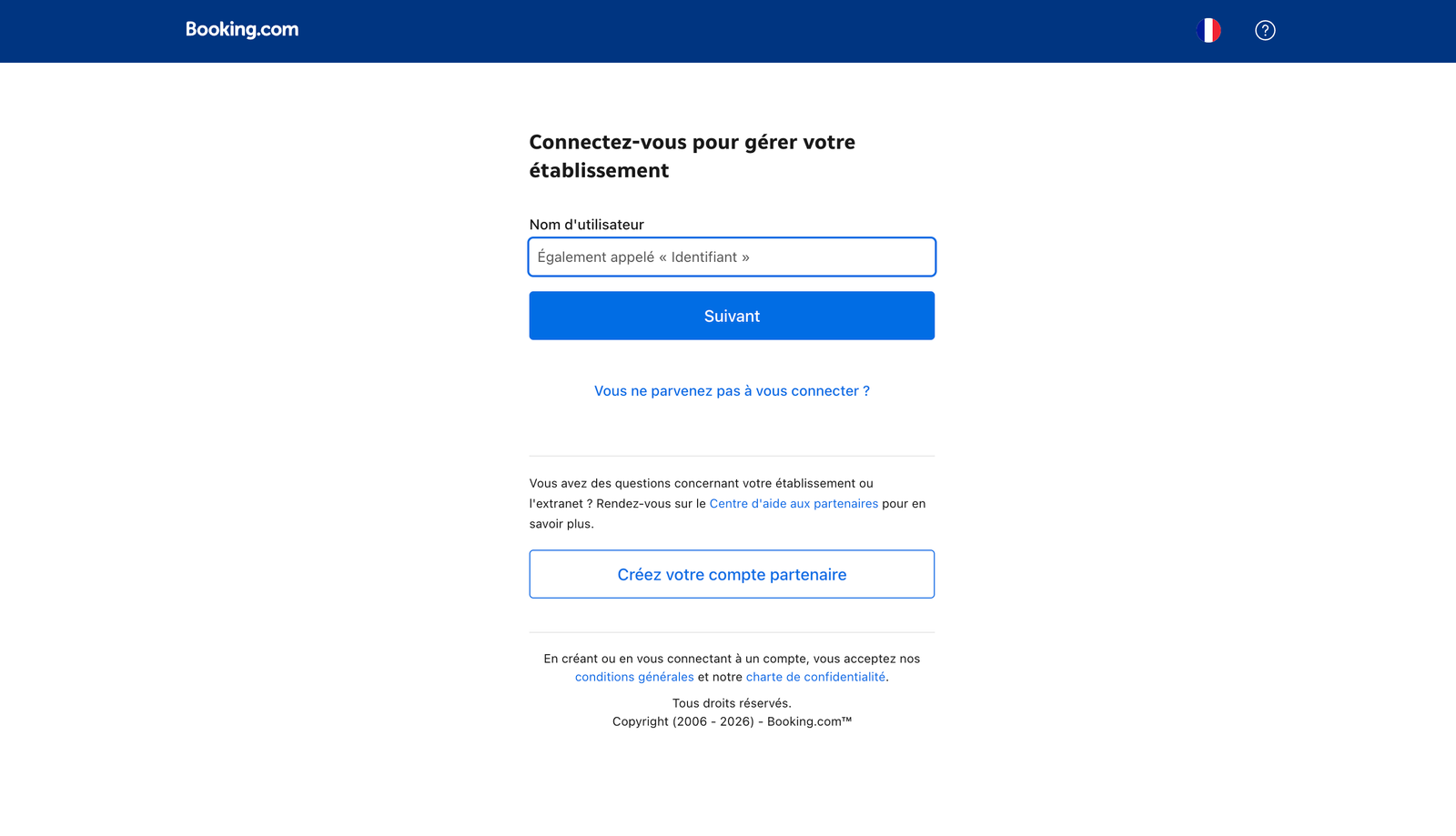 Interface de connexion Extranet Booking.com pour propriétaire